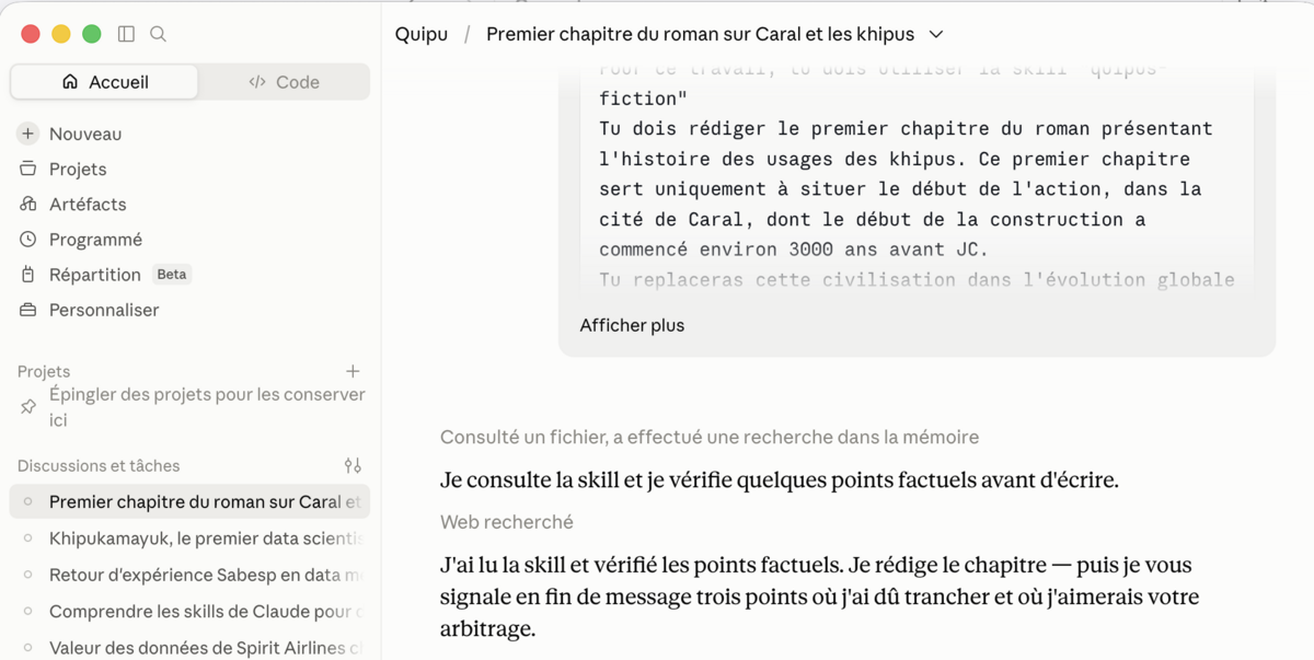Copie d'écran de la génération du chapitre par l'IA